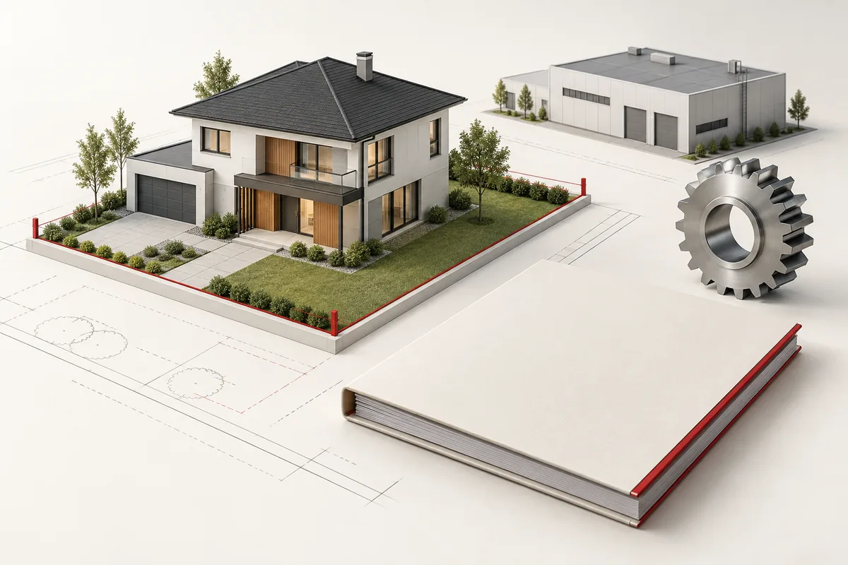 Условная иллюстрация оценки имущества: модели дома, промышленного здания, детали оборудования и отчета.