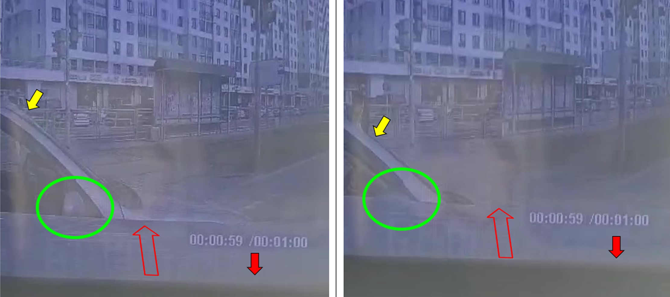 Два кадра видеозаписи с отметками эксперта возле автомобилей в момент контакта
